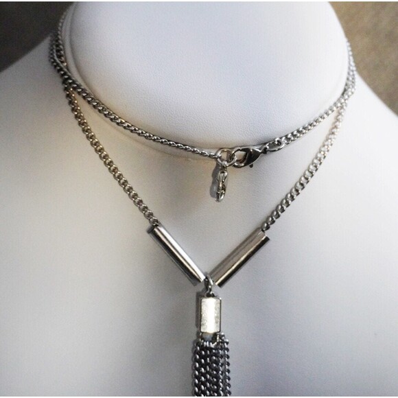 Tassel Y Dangle Pendant Necklace Silver Tone - Picture 3 of 6